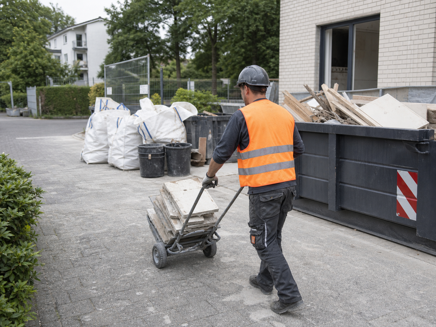 Baustellenberäumung mit Container und sortiertem Rückbaumaterial